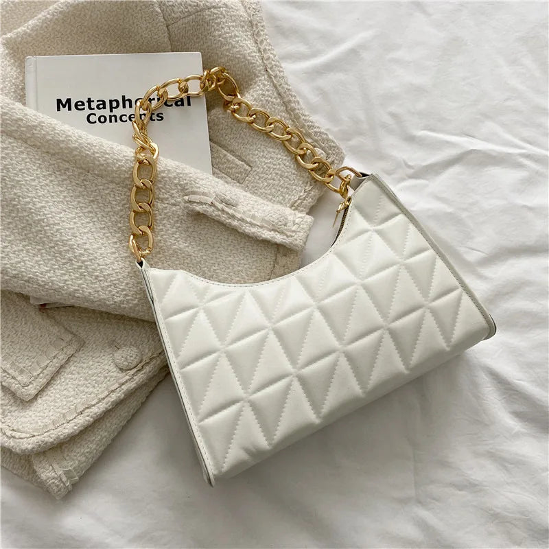 Women's Diamond Pattern Shoulder Bag PU Leather Solid Color Niche Chain Handbag Fashion Females Underarm Shopping Bag