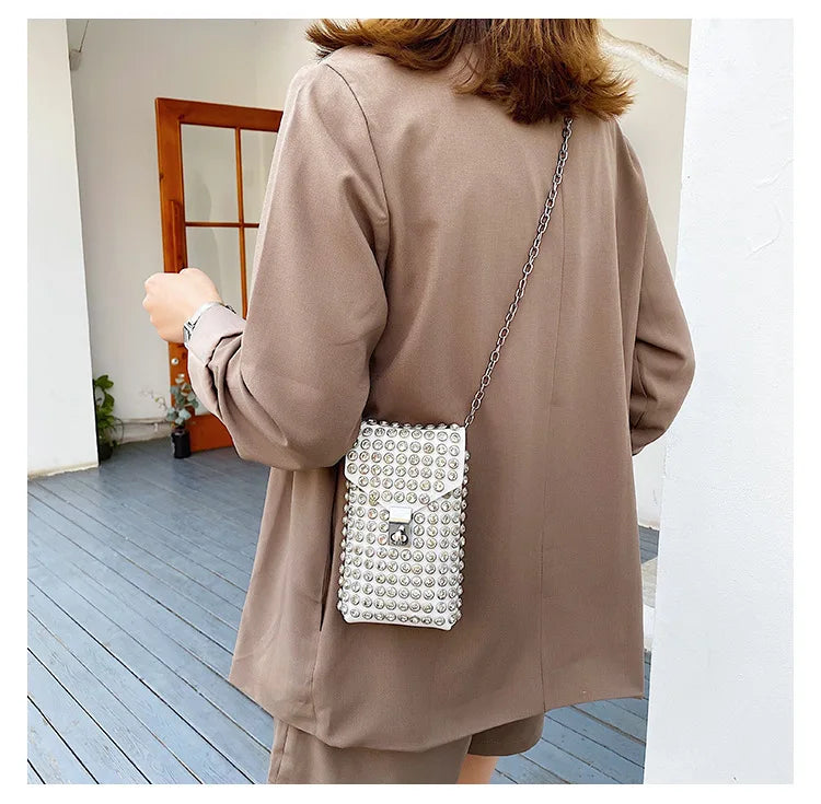 Luxury Full Rhinestone Women Phone Waist Bags Detachable PU Leather Waist Belt Shoe chain Crossbody Shoulder Bag Pack