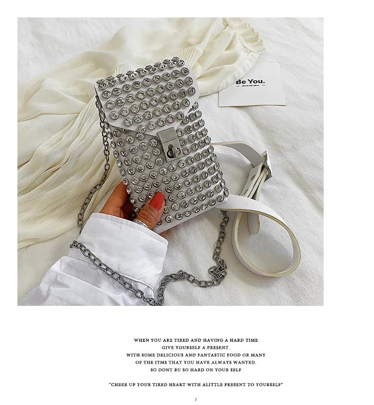 Luxury Full Rhinestone Women Phone Waist Bags Detachable PU Leather Waist Belt Shoe chain Crossbody Shoulder Bag Pack