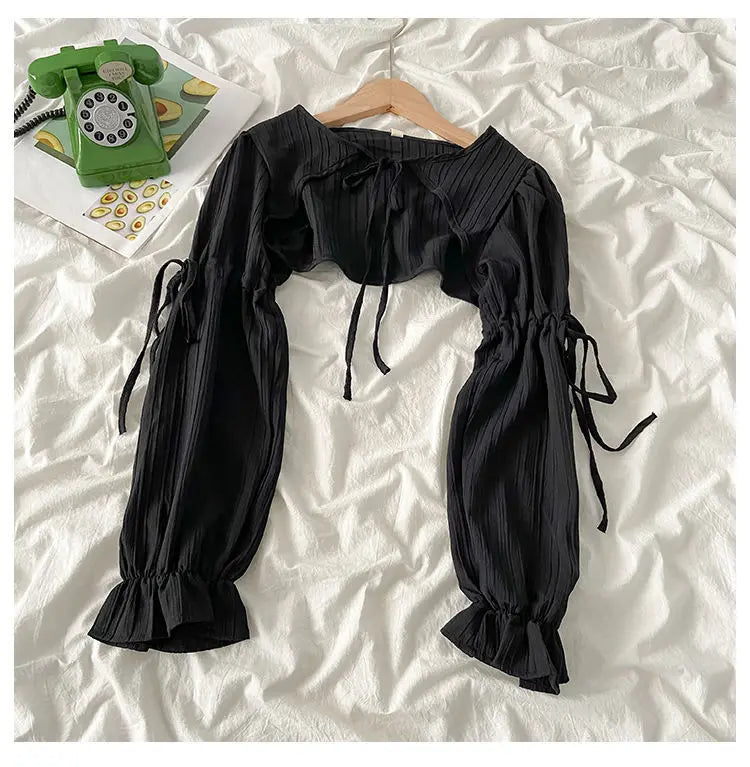 Summer Y2k Sun Protection Cardigan Women' Clothing Thin Crop Tops Bandage Long Sleeve Blouse Cape Femme Ruffles Korean Sweater