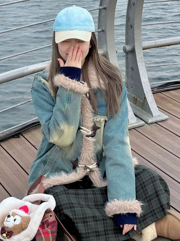 Turn-down Collar Jackets Women Warm Thickened Furry Design Wind-proof Korean Fashion Winter Casual Denim Outwear All-match Chic