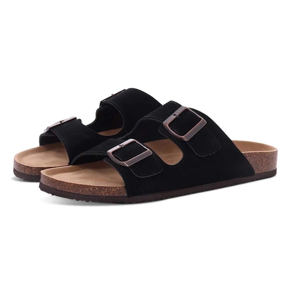 Kidmi Women Cork Suede Mules Slippers Outdoor Antiskid Beach Slippers Classic Cork Footbed Women Sandals With Adjustable Buckle