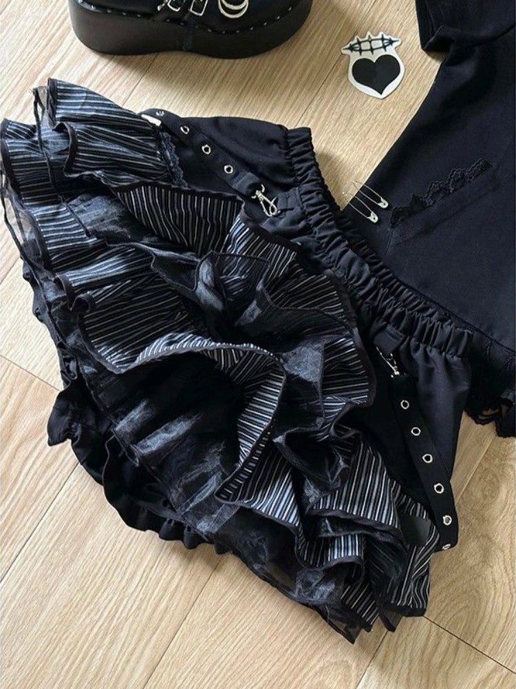 Harajuku Girls Stripe Punk Grunge Skirts Women Y2k Aesthetic High Waist Cake Mini Streetwear Lace Vintage Kawaii Mini Jupe