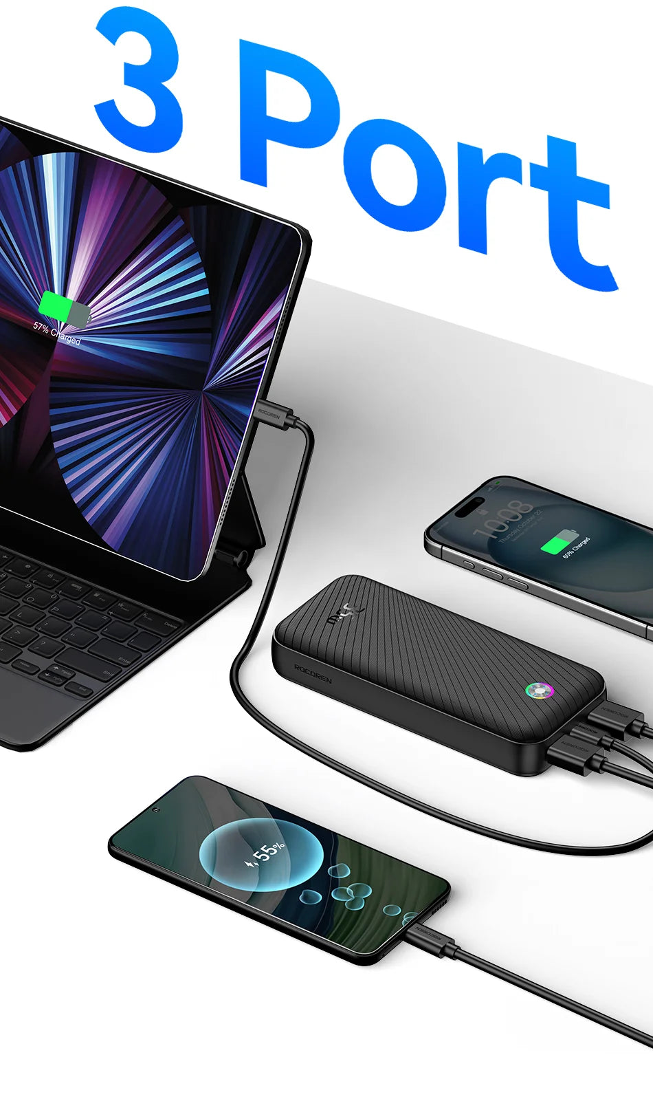 Rocoren 22.5W 20000mAh Power Bank QC PD 3.0 35W Fast Charge PowerBank Portable 10000mAh External Battery For iPhone 16 Xiaomi