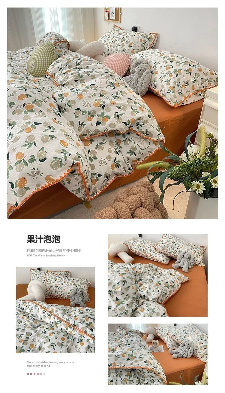Bedding Set INS Girls Cherry Soft Washed Cotton Bed Sheet Queen King Size Duvet Set Comforter Set Pillowcase Bed Linens