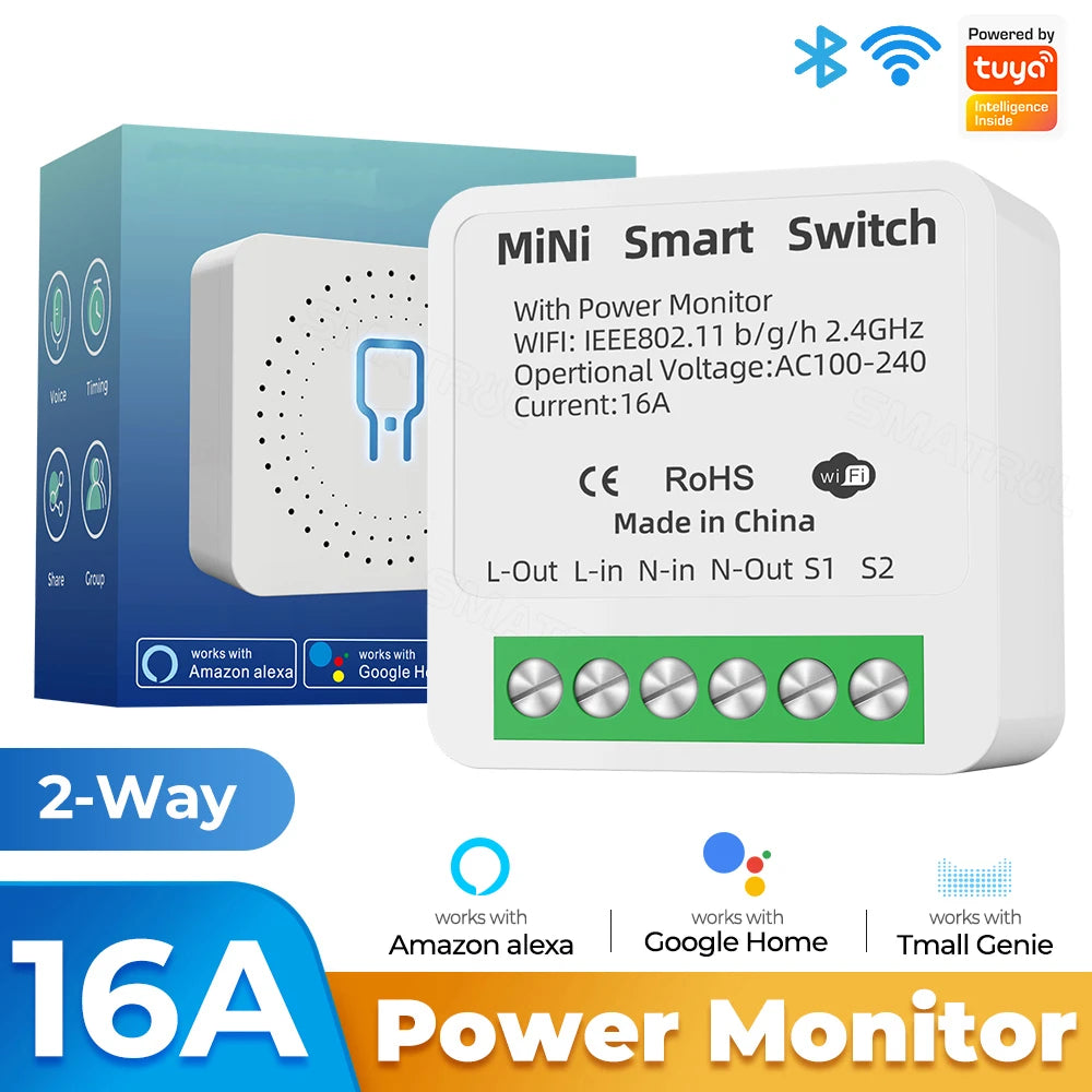 Smart Home Tuya Wifi Smart Switch with Energy Monitor 16A Mini Breaker Automation Module DIY 2Way Control Work with Alexa Google
