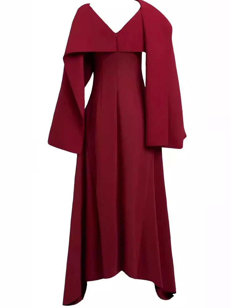 DEAT Elegant Dress Irregular Design Shawl Patchwork Long Sleeve Waist Backless Women's Evening Dresses 2024 Autumn New 13DL245