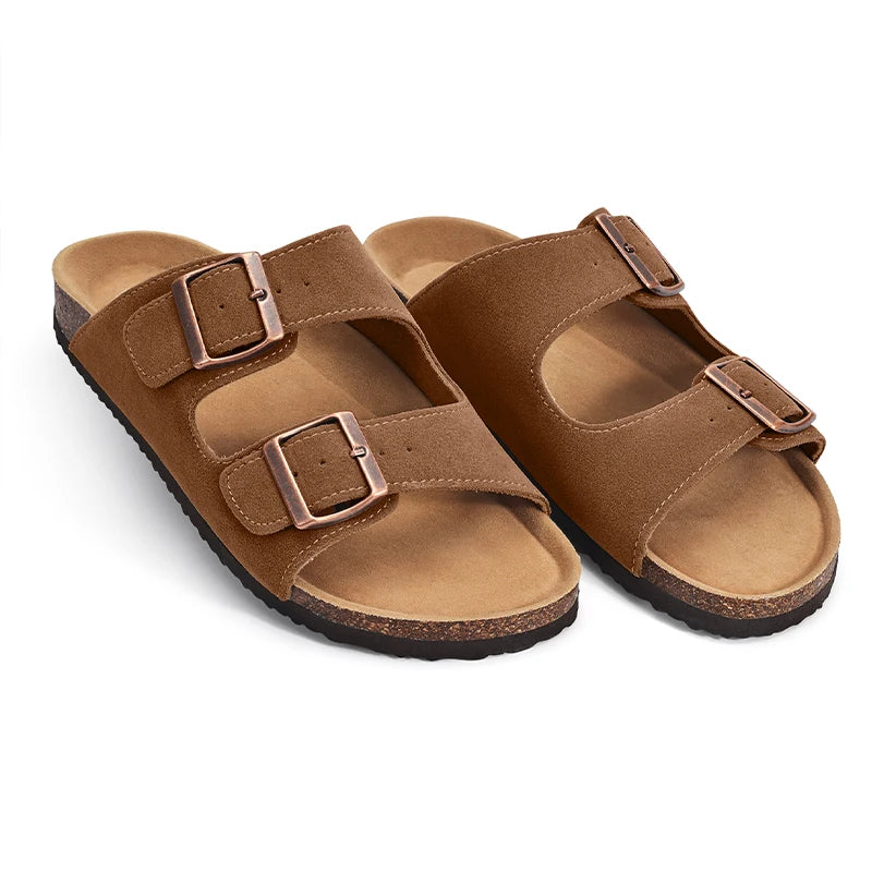 Kidmi Women Cork Suede Mules Slippers Outdoor Antiskid Beach Slippers Classic Cork Footbed Women Sandals With Adjustable Buckle