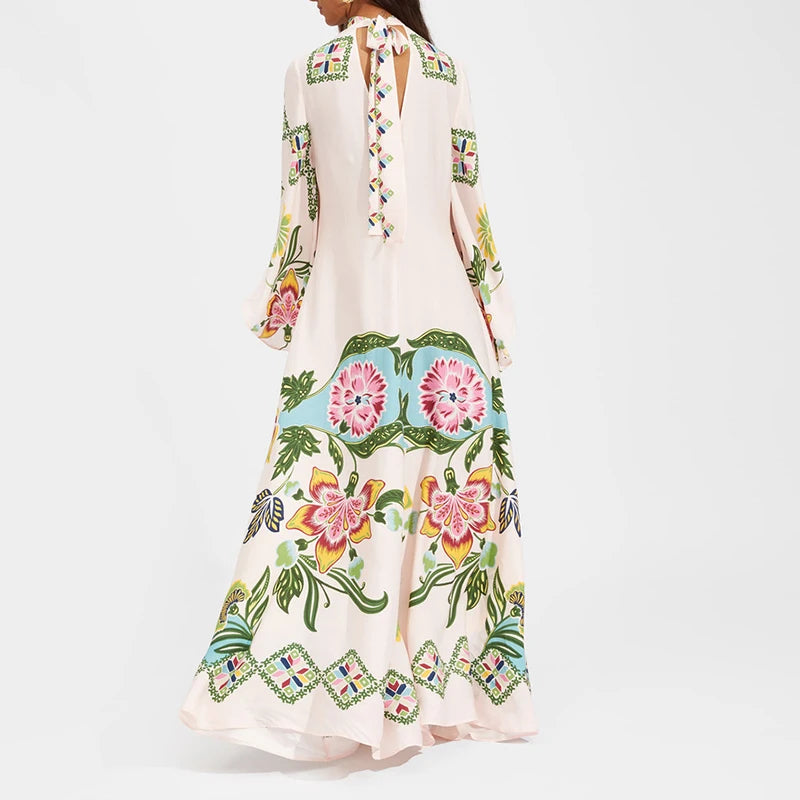 Ethnic Retro Spring Print Boho Long Dress Women Sexy Stand Collar Lace-up Party Dress Fall Long Sleeve Loose Ladies Maxi Dresses