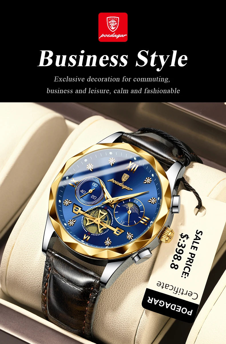 POEDAGAR Luxury Watch for Man Sports Leather Men Quartz Watch Waterproof Luminous Chronograph Men's Watches Male Clock Reloj+box