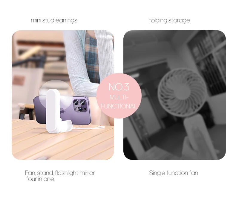 Portable Fan Mini Handheld Fan USB 1200mAh Recharge Hand Held Small Pocket Fan with Flashlight Feature