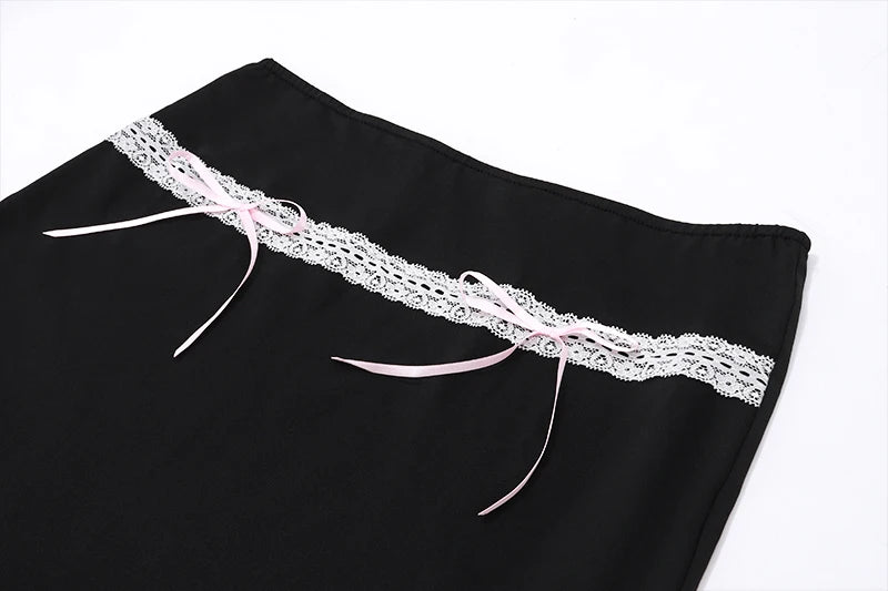 Candyhot Y2K Bow Lace Up High-waist Hip Skirts Chic Lace Stitch Black Skirt Summer Streetwear Vacation Bodycon Short Dresses