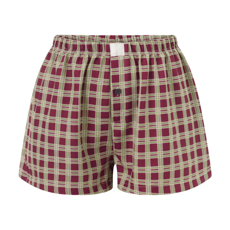 Women Vintage Summer Plaid Shorts y2k Fairy Clothes Sweet Girls Elastic Waist Slim Fit Bloomers Pants Loungewear Kawaii Shorts