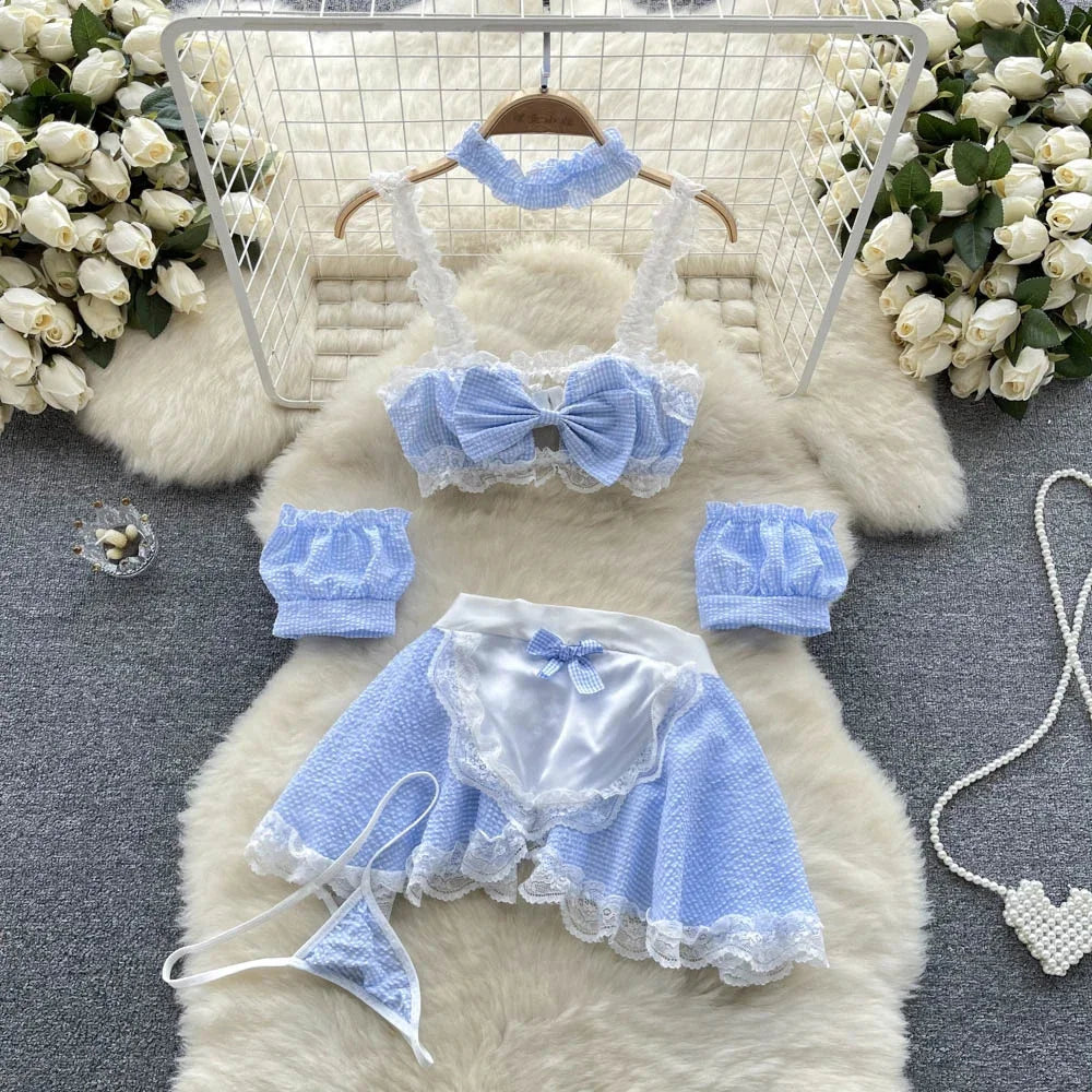 Girls Sexy Cute Japanese JK Uniform Mini Checkered Strap Skirt Off Shoulder High Waist Elastic Cosplay Dress Hot Sweet Pajama