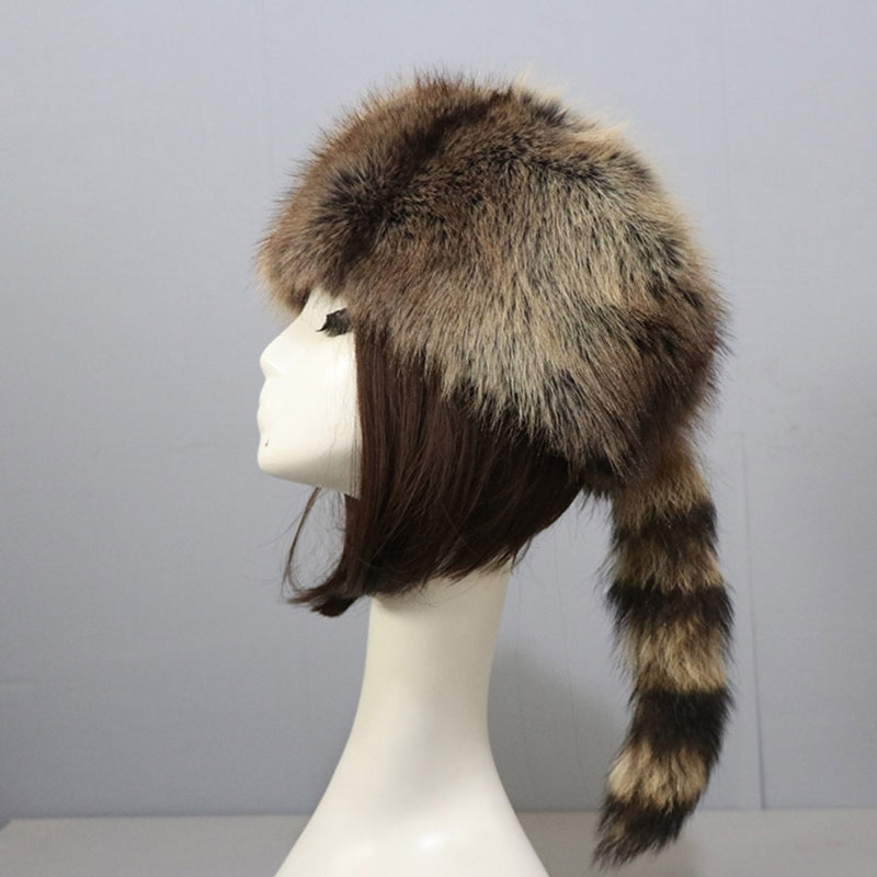 Plush Russian Style Flat Top Hat Winter Mongolian Hat Thicken Plush Raccoon Tail Hat for Adult Teens Keep Warm Hat Wholesale