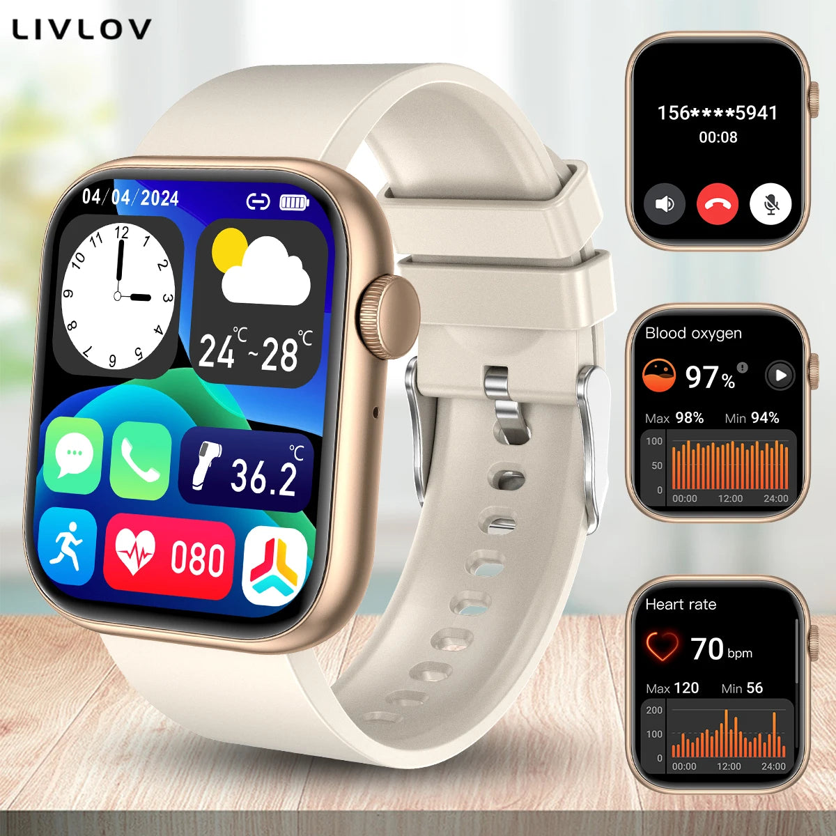 AI Voice Assistant Smart Watch, 2.0'' HD Screen Fitness Tracker with Temp Check/ Breathing Exercise/ Flashlight/ 100+Sports