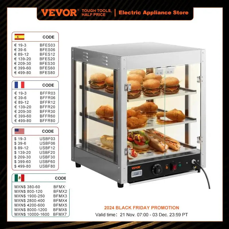 VEVOR 2/3 Tiers Countertop Food Warmer Commercial 3D Heating Pizza Pastry Warmer with Temp Knob Display Kitchen Appliance