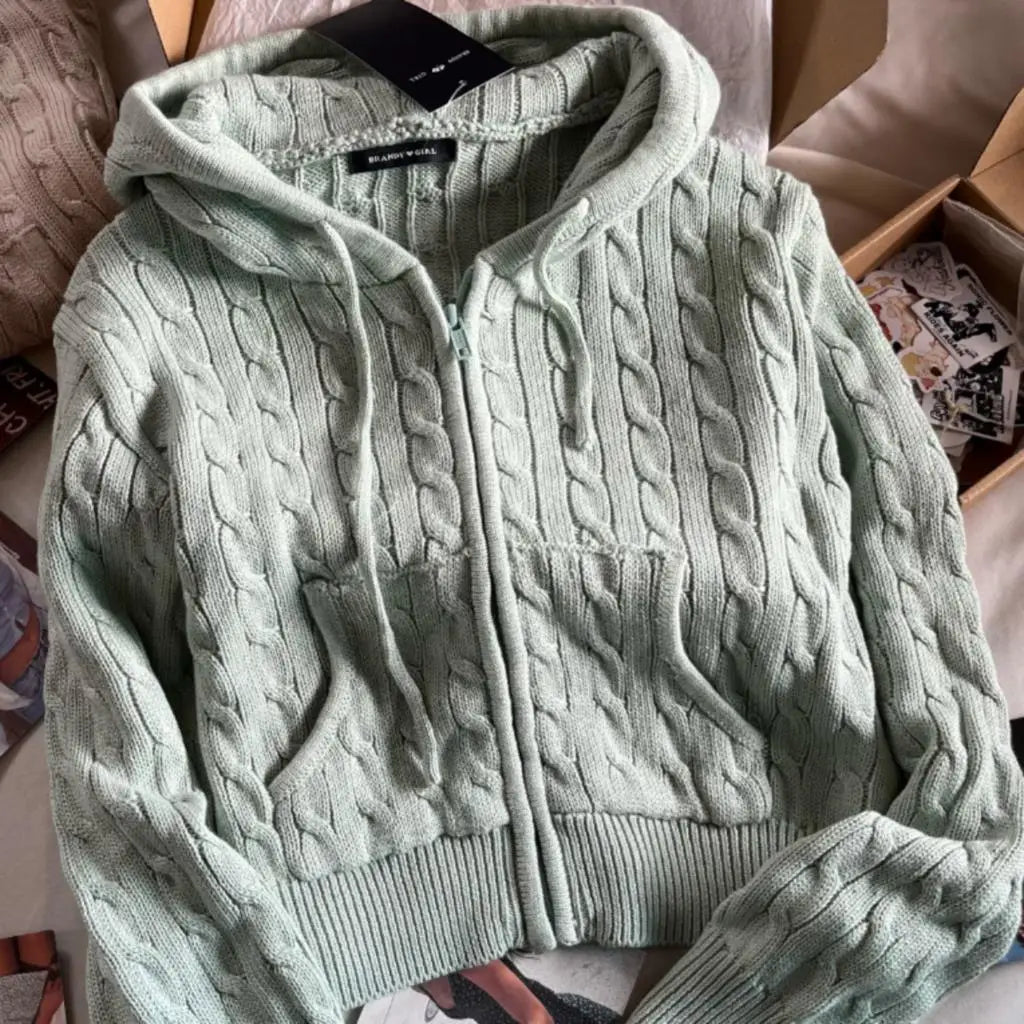 Twisted Flower Knitted Cardigan Sweater Women Autumn Long Sleeve Hooded Zipper Short Coat Streetwear Fashion Sweaters Y2K Tops