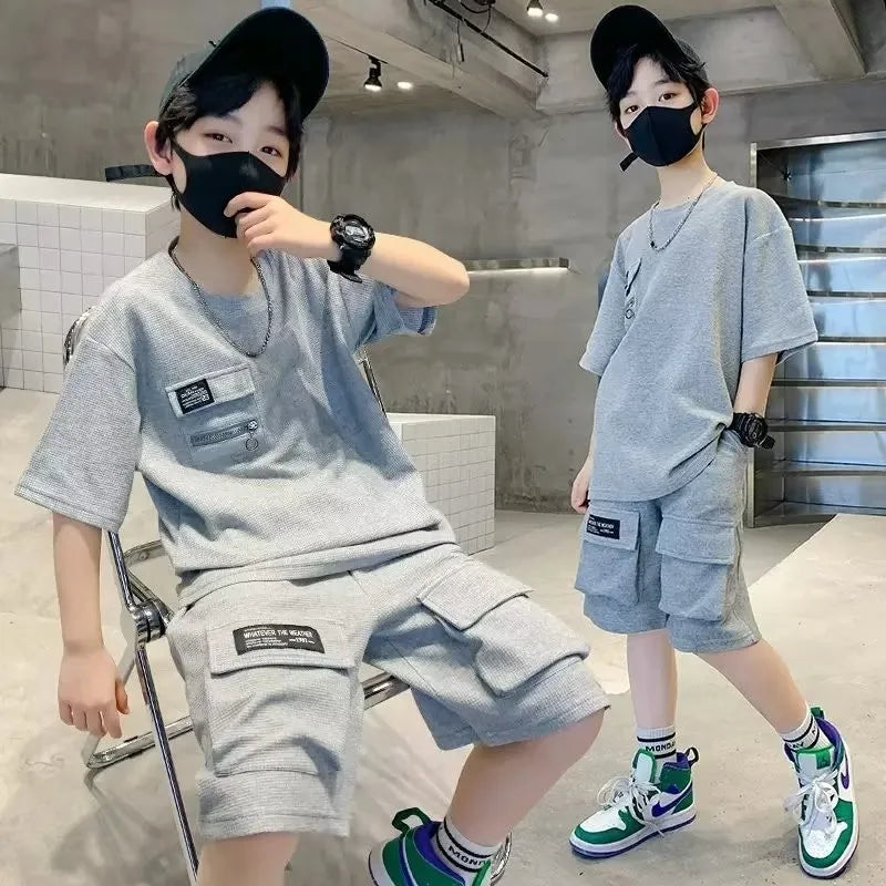 T-Shirt+Shorts 2-Piece Set Summer Kids Boys Letter Printing New Children Teen Loose Comfortable Sports Casual Clothes For 4-14 Y