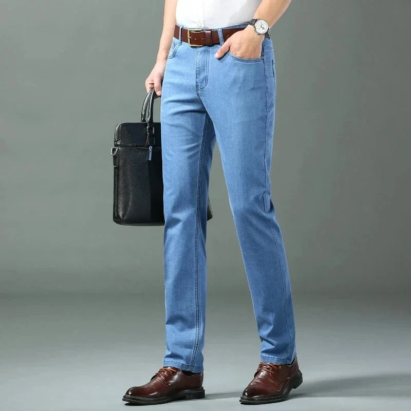 Spring Summer Thin Denim Pants Men Straight Cotton Stretch Jeans Business Classic Casual Lightweight Breathable Trousers
