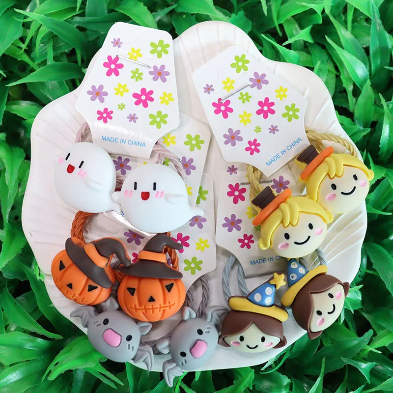 2Pcs Halloween Hair Accessories Pumpkin Bat Children's Rubber Band Elastic Hair Band Girls' Headwear Accessories Decorations