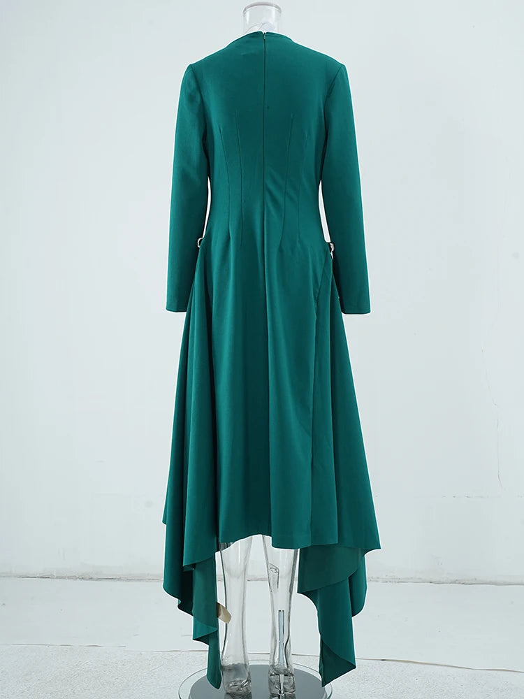 DEAT Elegant Dress Skew Collar Long Sleeves Waist Retraction Solid Color Asymmetric Hem Women's Dresses 2024 Autumn New 13DL7990