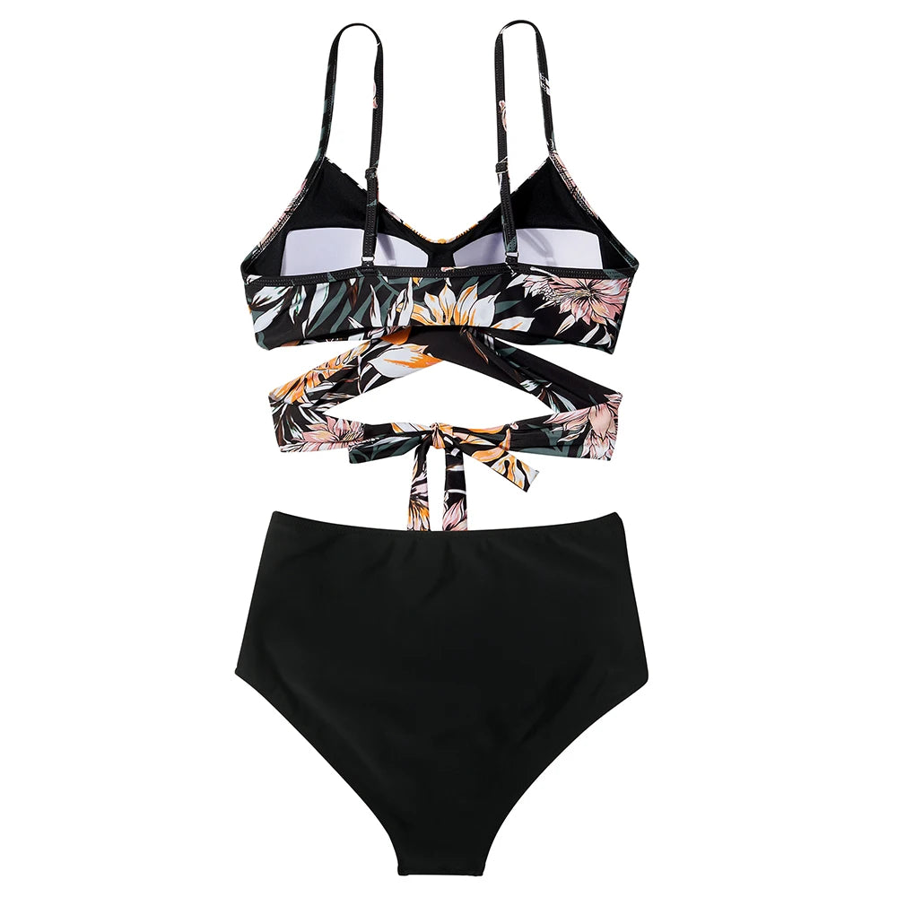High Waist Sexy Bikini Set 2024 Biquini Swimwear Women Two Pieces Swimsuit Floral Beachwear V-Neck Bathing Suits Female