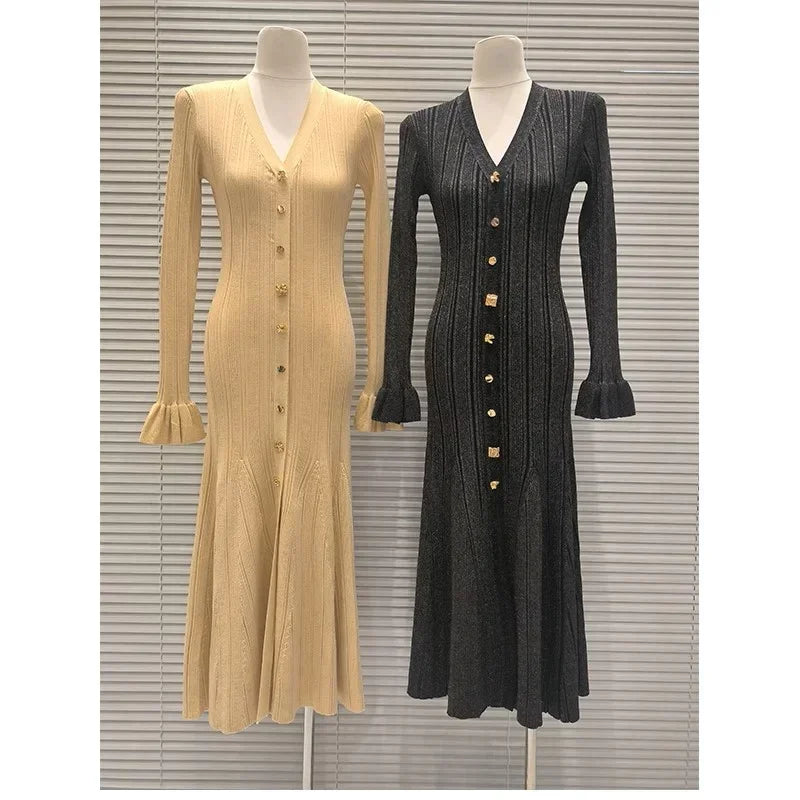 Knitted Mid-Length Dress 2024 New Women Long Sleeve Ribbed Party Dresses Elegant Lady Knitwear 5240175