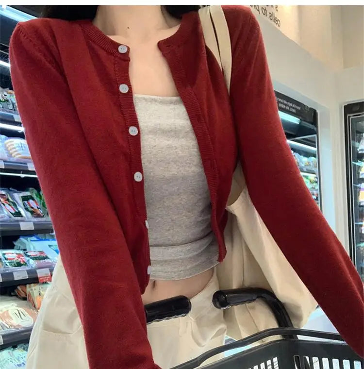 Alobee Red Cardigan Knit Early Autumn Women Clothes New 2024 Outdoor Crop Sweater Outerwear Long Sleeve Top Bottoming Shirt