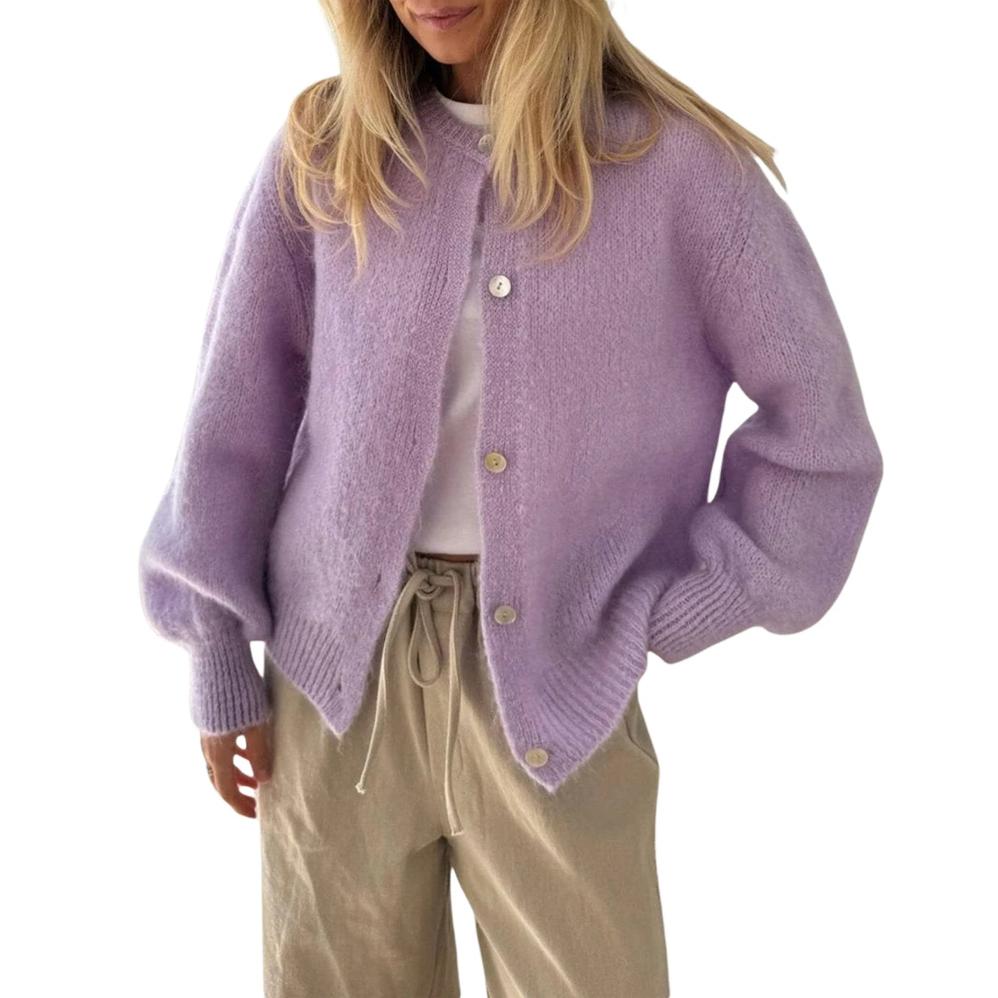 Combhasaki Women's Y2K Chic Solid Color Fuzzy Loose Cardigan Long Sleeve Button Down Round Neck Sweater Soft Knit Tops Outerwear