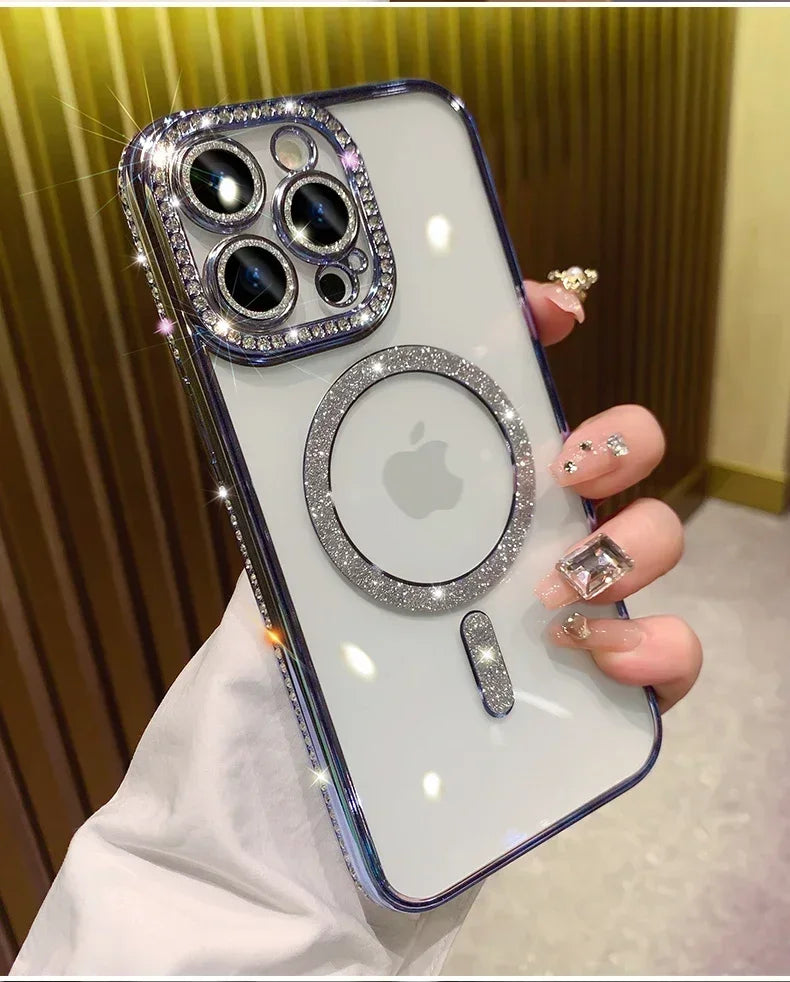 2024 New Fashion Glitter Diamond Transparent Case For iPhone 16 15 14 Plus 13 12 11 Pro Max Magnetic Wireless Charge Back Cover