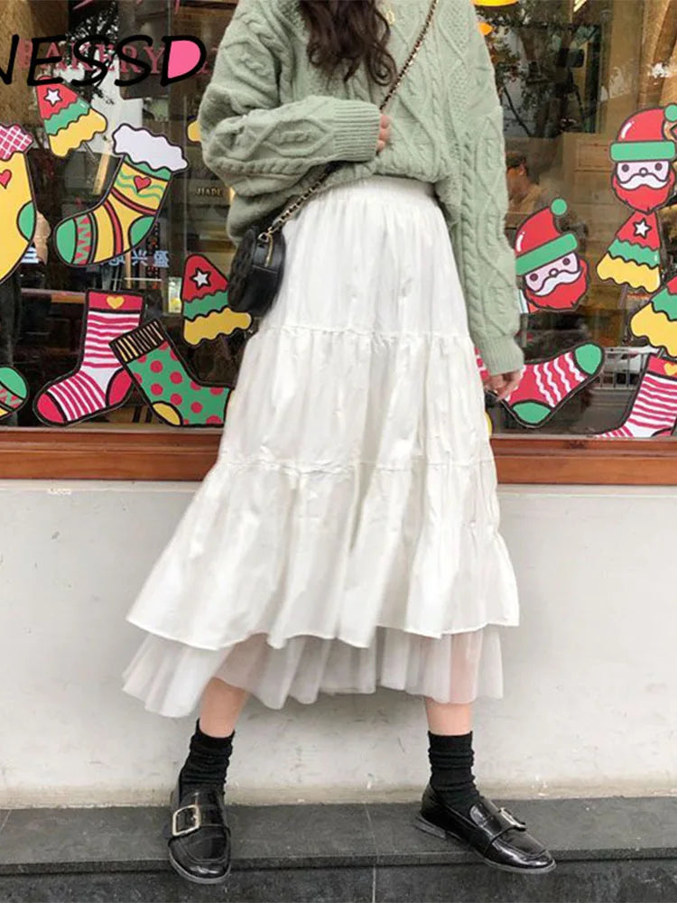 Long Tulle Midi Skirts Womens Autumn Elastic High Waist Mesh Tutu Pleated Skirts Female Black White Long Skirt Streetwear