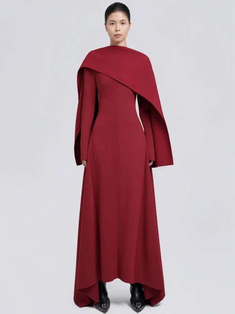 DEAT Elegant Dress Irregular Design Shawl Patchwork Long Sleeve Waist Backless Women's Evening Dresses 2024 Autumn New 13DL245