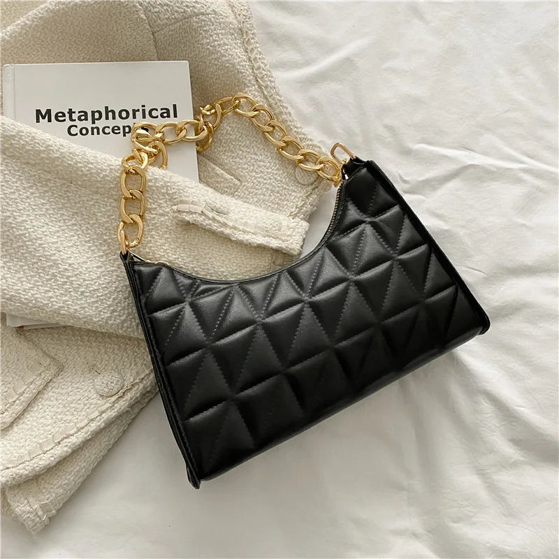 Women's Diamond Pattern Shoulder Bag PU Leather Solid Color Niche Chain Handbag Fashion Females Underarm Shopping Bag