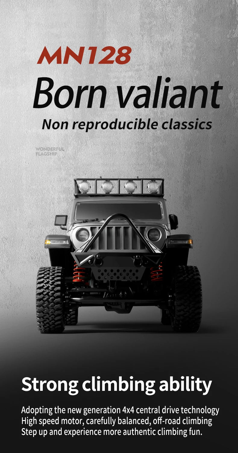 RC Crawler 4x4 Car MN128 2.4G Climbing Buggy Professional with LED Light Full Scale Remote Control Cars Toys for Boys Gift