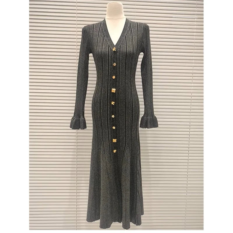 Knitted Mid-Length Dress 2024 New Women Long Sleeve Ribbed Party Dresses Elegant Lady Knitwear 5240175