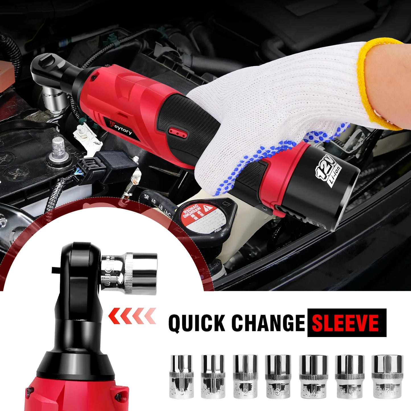 DayPlus 200NM 3/8" Cordless Electric Ratchet Wrench,90° Angle Wrench 12V Power Ratchet Tool with 2 Batteries & Charger+7 Sockets