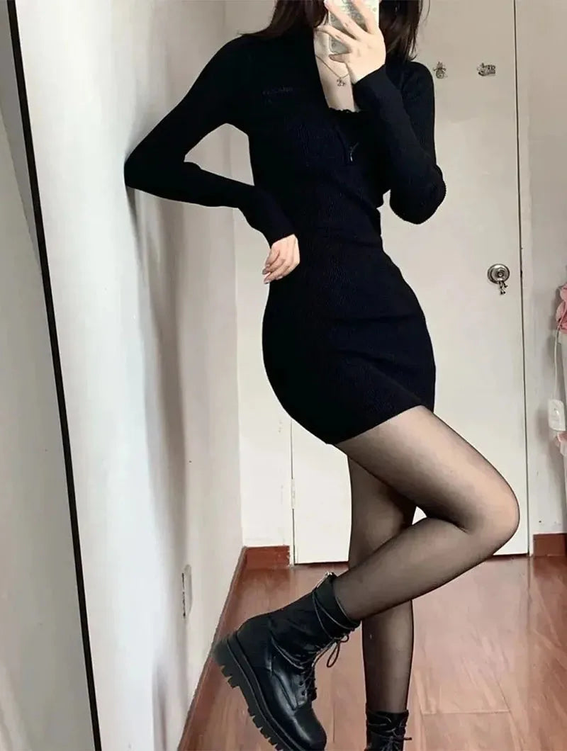 Xpqbb Black Sexy Slim Bodycon Dress Ladies Fall Winter Long Sleeve Zipper Collar Knit Dresses Woman Korean Ribbed Mini Dress