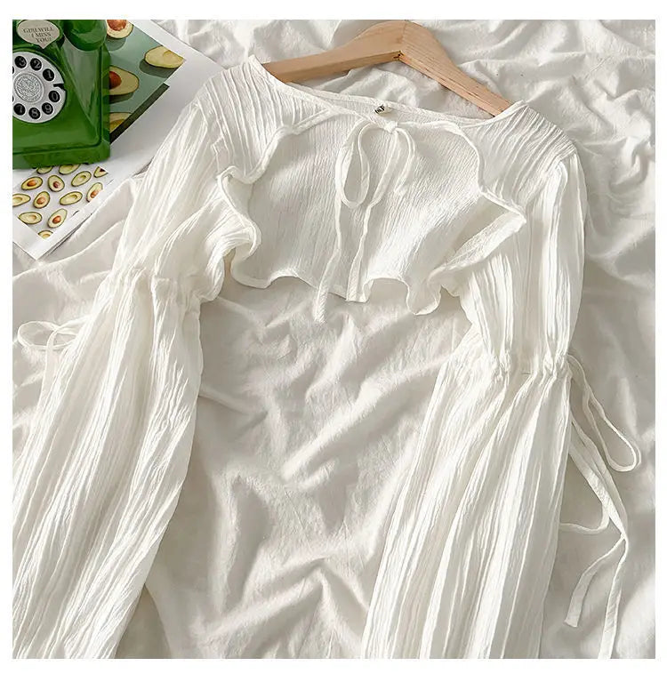 Summer Y2k Sun Protection Cardigan Women' Clothing Thin Crop Tops Bandage Long Sleeve Blouse Cape Femme Ruffles Korean Sweater