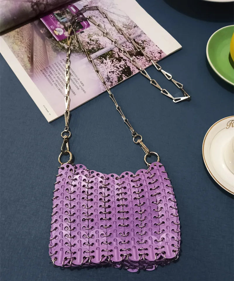 luxury Women Bags Designer Metal Sequins Chain Woven Bag Hollow Evening Bags Clutch Female Travel Holiday Shoulder Bag Handbag