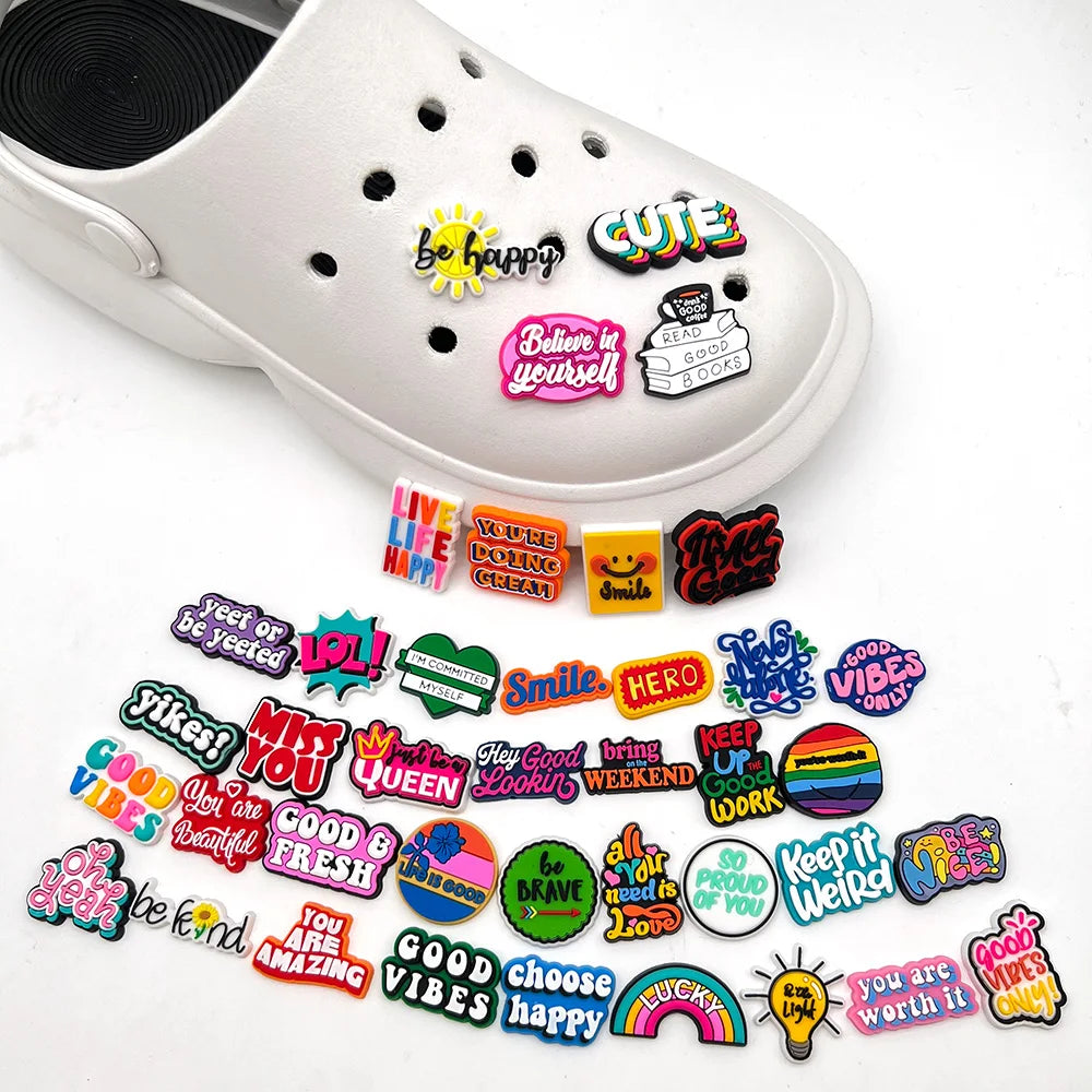 1Pcs Funny Phrase Letters PVC Shoe Accessories Good Vibes Sandals Decorations For Shoe Charms Clogs Buckle Unisex Gifts