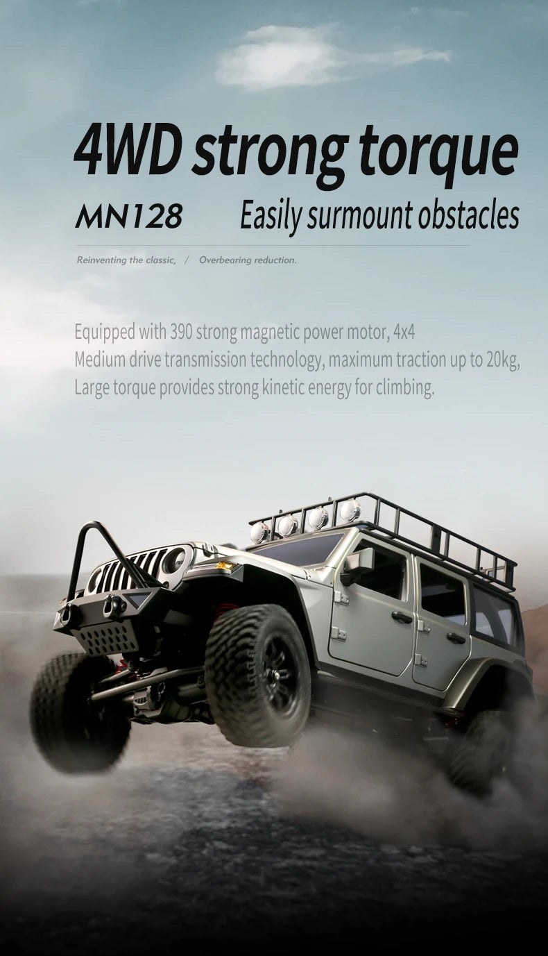 RC Crawler 4x4 Car MN128 2.4G Climbing Buggy Professional with LED Light Full Scale Remote Control Cars Toys for Boys Gift