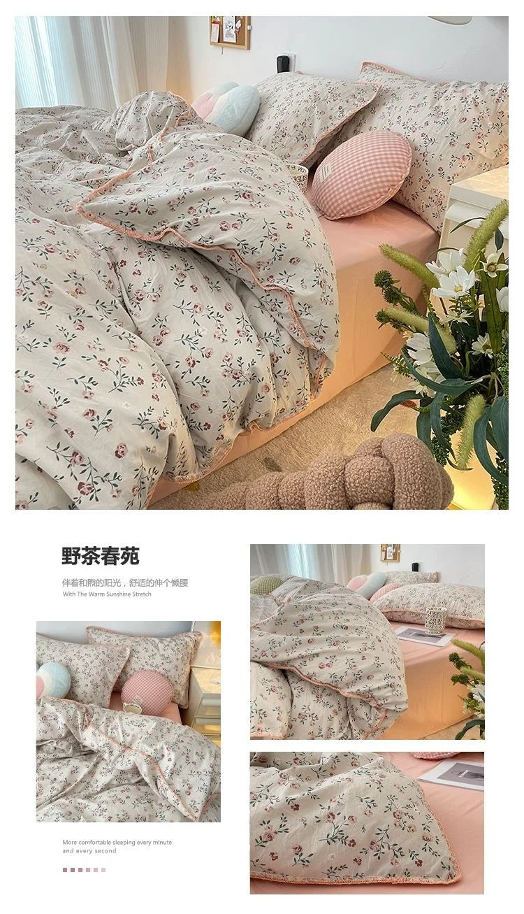 Bedding Set INS Girls Cherry Soft Washed Cotton Bed Sheet Queen King Size Duvet Set Comforter Set Pillowcase Bed Linens