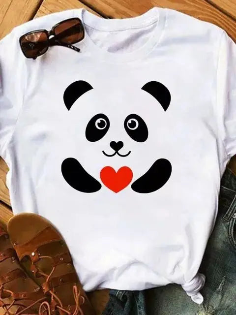 Maycaur Summer Women T Shirt Loose Tops Cute Panda Heart Print Short Sleeve Female Loose Casual T-shirt Ladies Top Teeadad