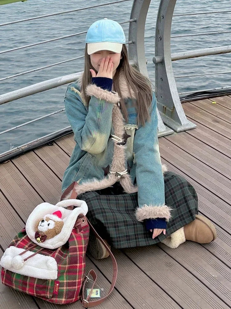 Turn-down Collar Jackets Women Warm Thickened Furry Design Wind-proof Korean Fashion Winter Casual Denim Outwear All-match Chic