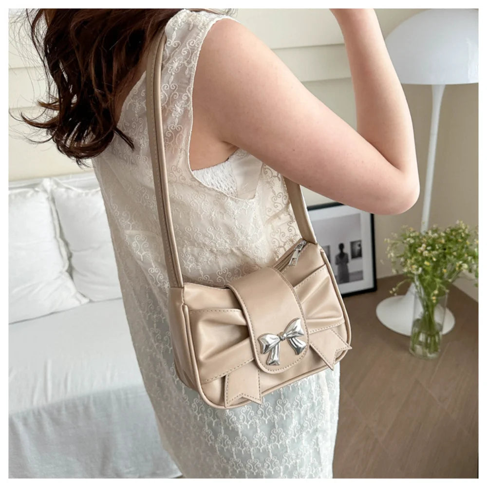 Korean Bow Pleated Shoulder Bag For Women 2024 Spring Summer New Armpit Bag Handbag