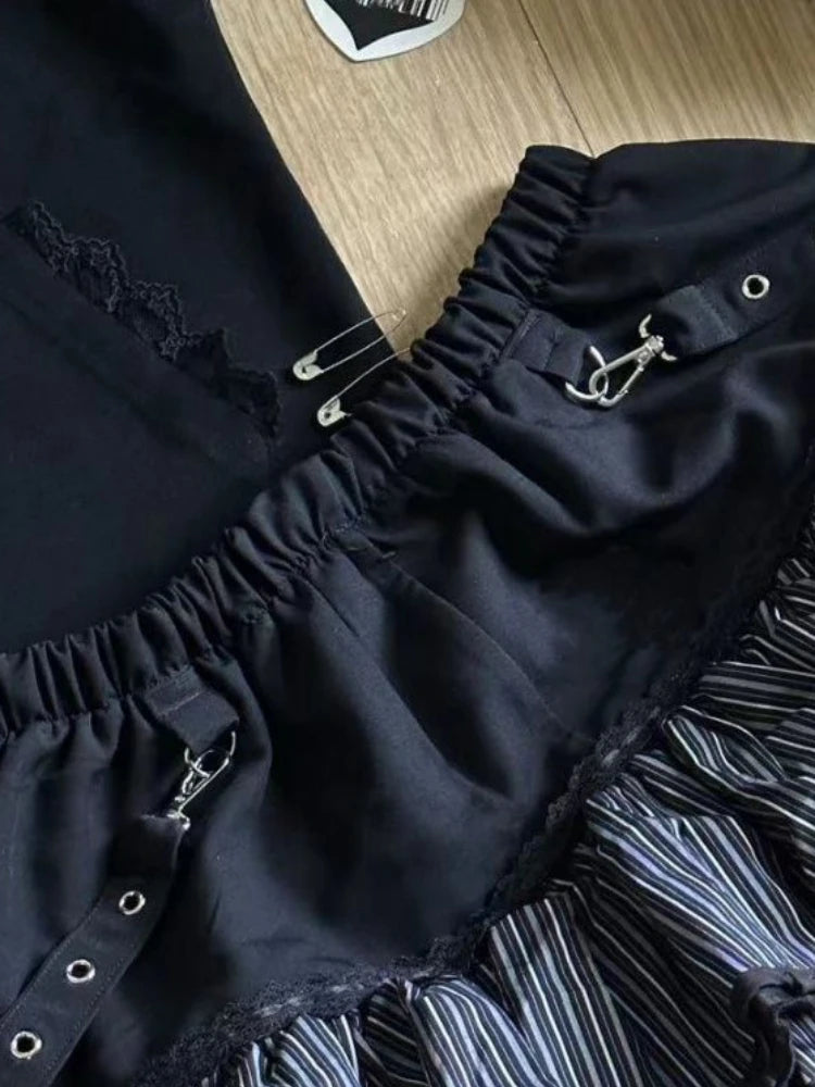 Harajuku Girls Stripe Punk Grunge Skirts Women Y2k Aesthetic High Waist Cake Mini Streetwear Lace Vintage Kawaii Mini Jupe