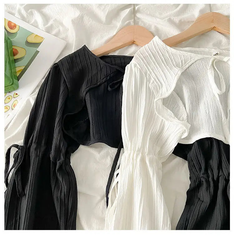Summer Y2k Sun Protection Cardigan Women' Clothing Thin Crop Tops Bandage Long Sleeve Blouse Cape Femme Ruffles Korean Sweater
