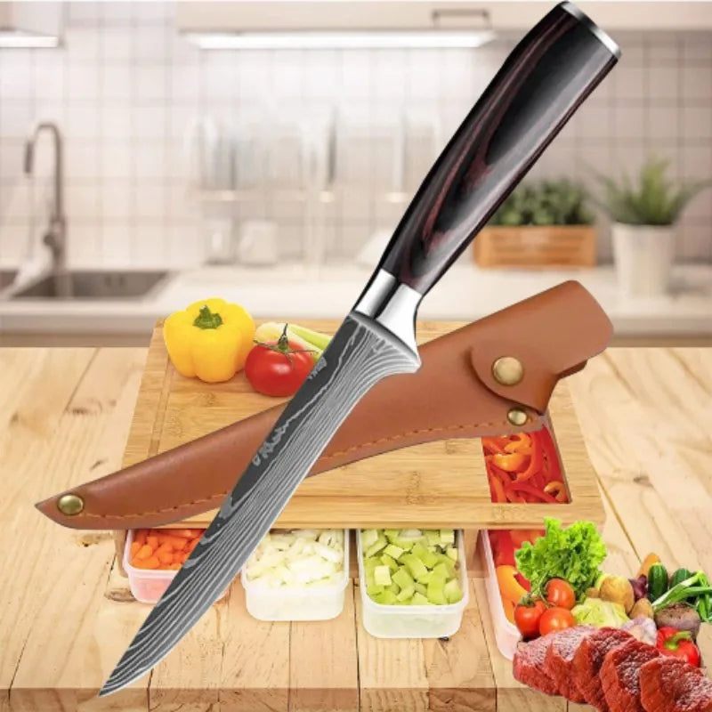 Professional Kitchen Boning Knife Damascus Laser Pattern Butcher Knife Stainless Steel Meat Fruit Vegetables Fish Chef Knife