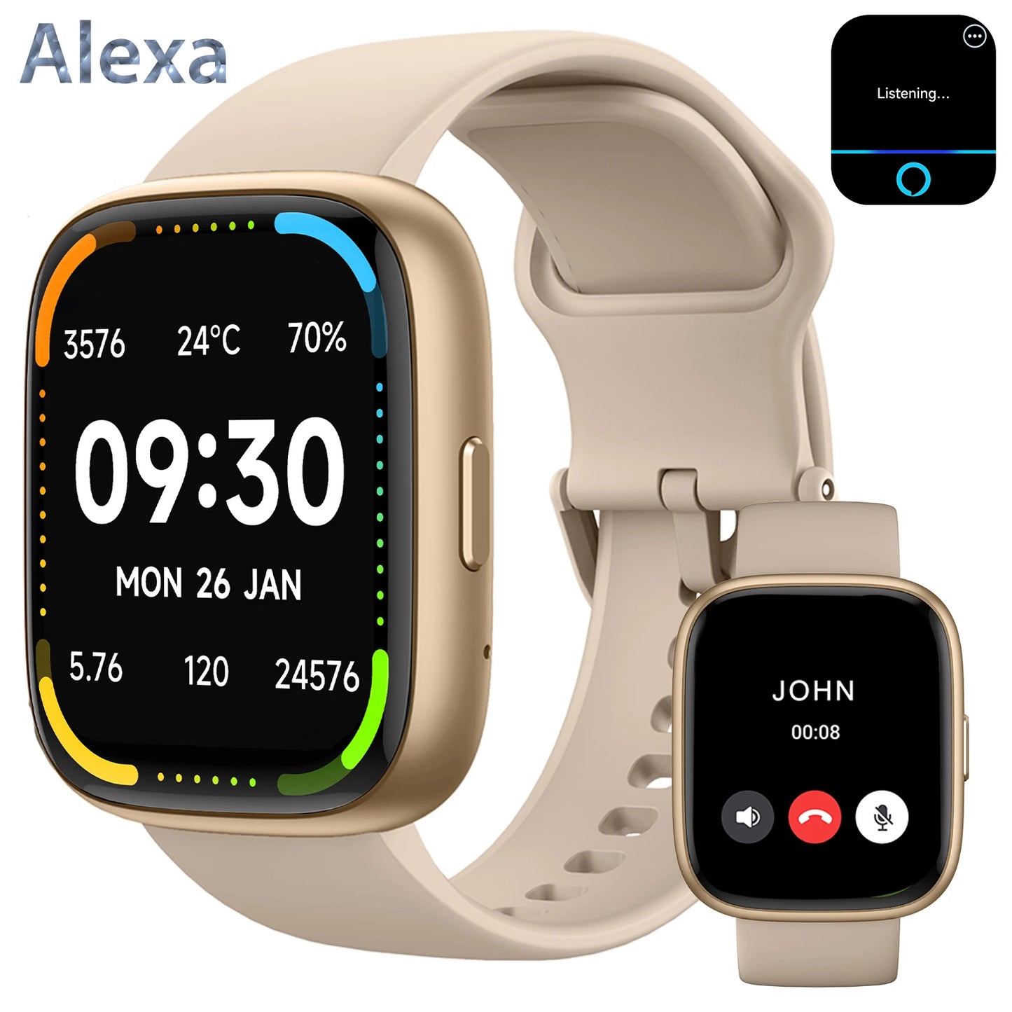 Alexa Smart watch, wireless calling /dial, calling reminder and rejection, SMS reminder, Custom Wallpaper,for iPhone/Andriod
